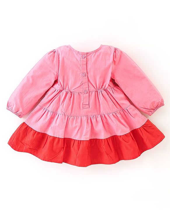 Babyhug 100% Cotton Knit Full Sleeves Frock with Legging Floral Embroidery - Coral