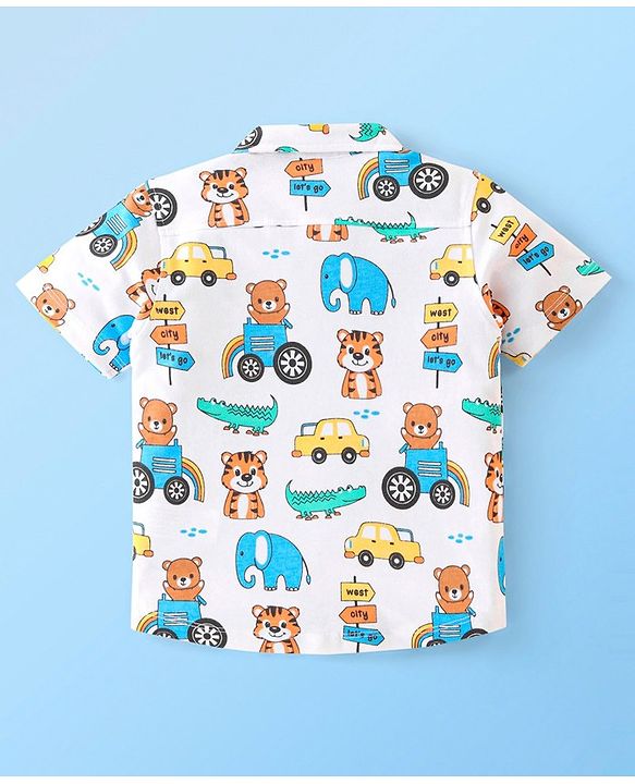 Babyhug 100% Cotton Knit Half Sleeve Regular Collar Tiger Printed Shirt - White