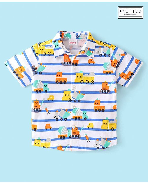 Babyhug 100% Cotton Knit Half Sleeve Regular Collar Car Printed  Shirt - White