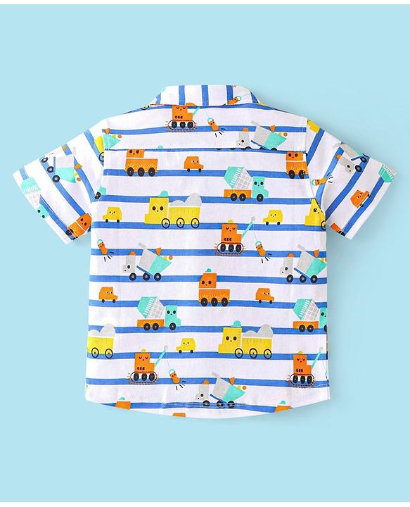 Babyhug 100% Cotton Knit Half Sleeve Regular Collar Car Printed  Shirt - White