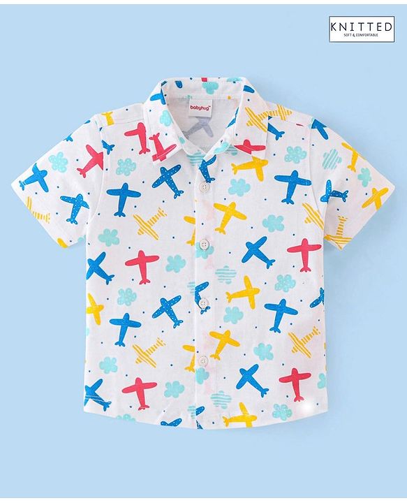 Babyhug Cotton Knit Half Sleeves Airplane Printed Regular Shirt - White