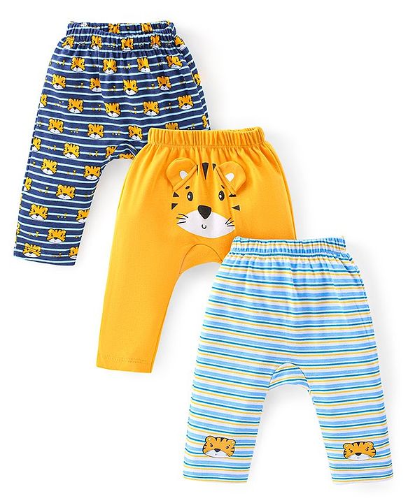 Babyhug Full Length Diaper Leggings Pack of 3 Tiger Printed - Blue & Yellow