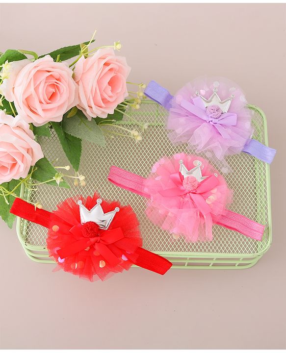 Babyhug Free Size Headbands Floral & Crown  Applique  Pack of 3- Multicolor
