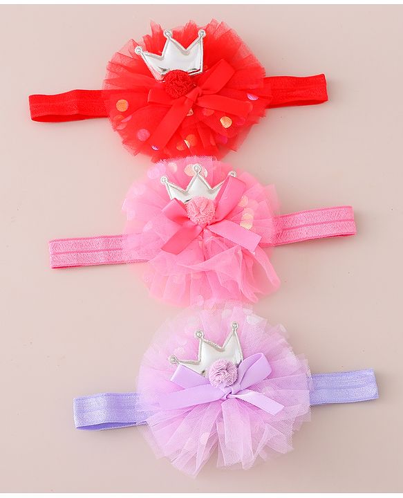 Babyhug Free Size Headbands Floral & Crown  Applique  Pack of 3- Multicolor