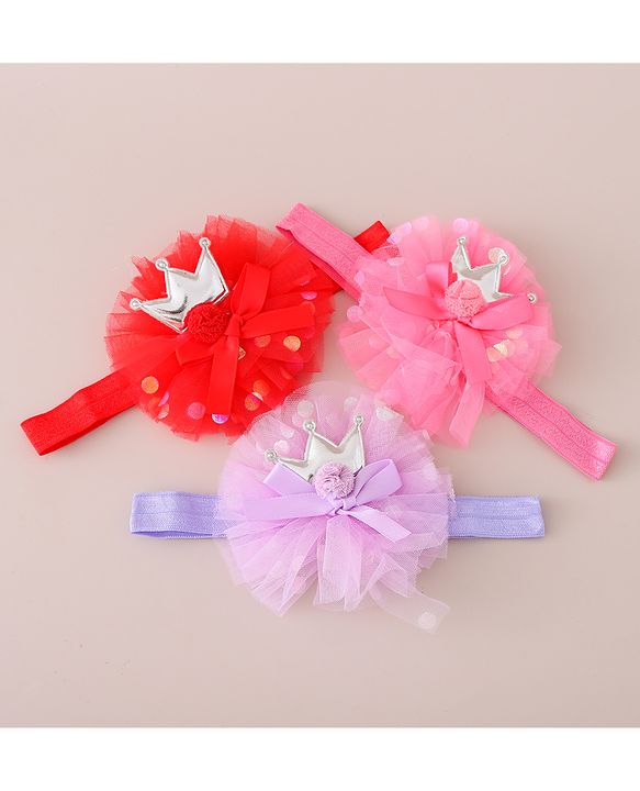 Babyhug Free Size Headbands Floral & Crown  Applique  Pack of 3- Multicolor