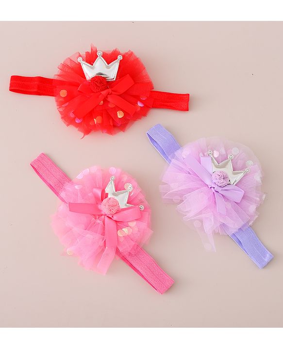 Babyhug Free Size Headbands Floral & Crown  Applique  Pack of 3- Multicolor