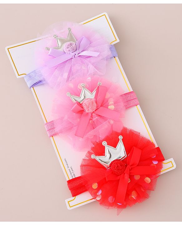 Babyhug Free Size Headbands Floral & Crown  Applique  Pack of 3- Multicolor