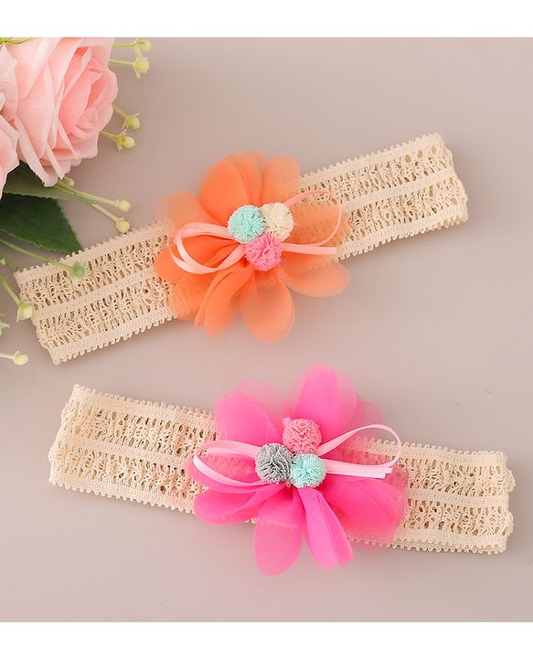 Babyhug Headbands with Floral Applique Free Size Pack of 2 - Orange & Dark Pink
