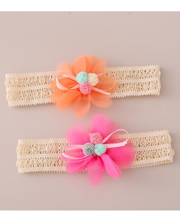 Babyhug Headbands with Floral Applique Free Size Pack of 2 - Orange & Dark Pink