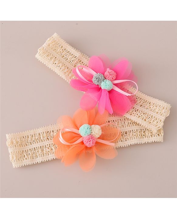Babyhug Headbands with Floral Applique Free Size Pack of 2 - Orange & Dark Pink