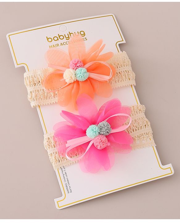 Babyhug Headbands with Floral Applique Free Size Pack of 2 - Orange & Dark Pink
