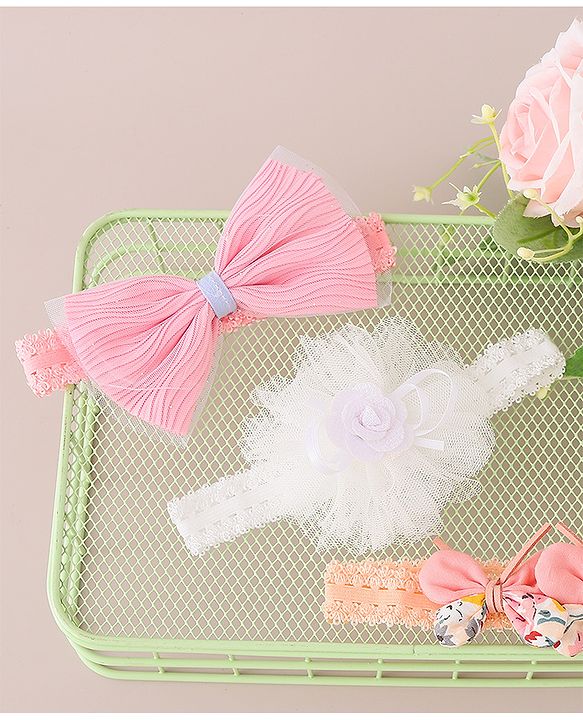Babyhug Free Size Headbands With Bow & Floral Applique Pack of 3 - Multicolor