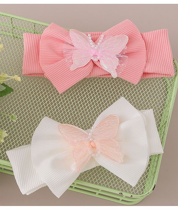 Babyhug Free Size Headbands With Bow & Butterfly Applique Pack of 2-  Pink & White