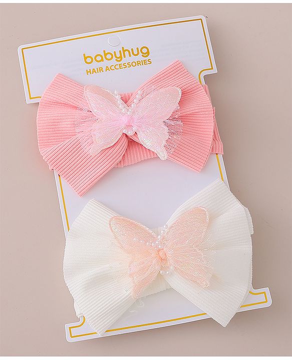 Babyhug Free Size Headbands With Bow & Butterfly Applique Pack of 2-  Pink & White