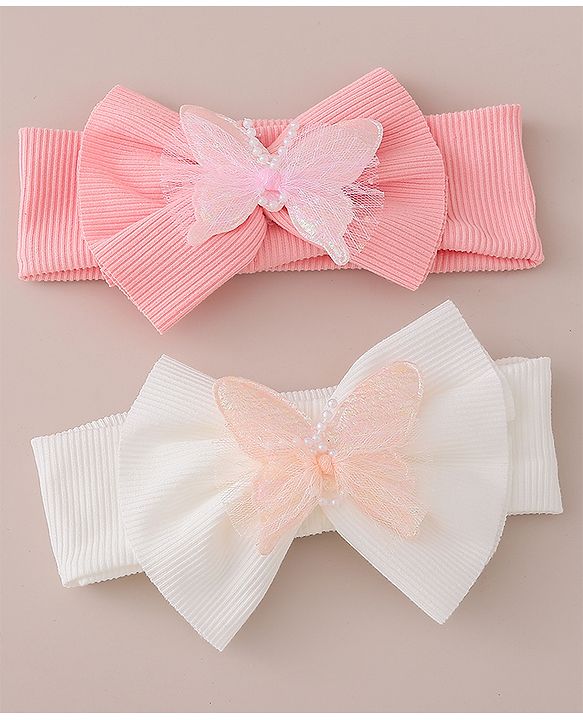 Babyhug Free Size Headbands With Bow & Butterfly Applique Pack of 2-  Pink & White
