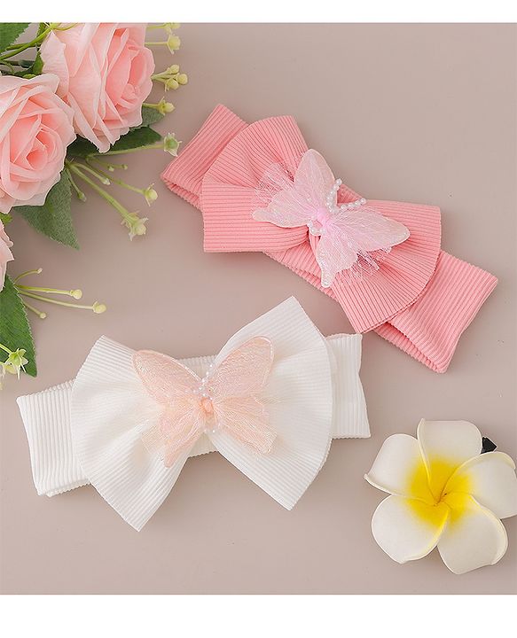 Babyhug Free Size Headbands With Bow & Butterfly Applique Pack of 2-  Pink & White