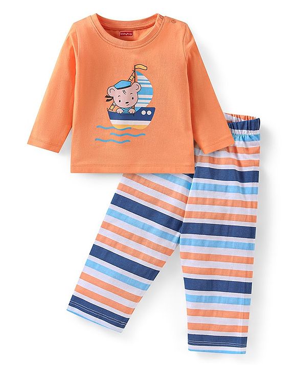 Babyhug Cotton Knit Full Sleeves Striped & Bear Printed Night Suit - Orange