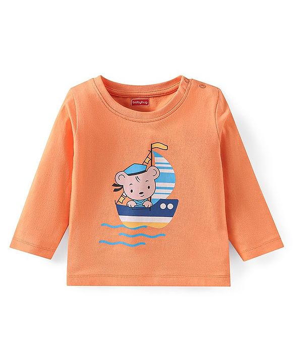 Babyhug Cotton Knit Full Sleeves Striped & Bear Printed Night Suit - Orange