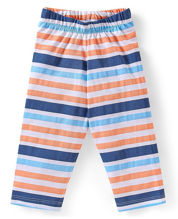 Babyhug Cotton Knit Full Sleeves Striped & Bear Printed Night Suit - Orange