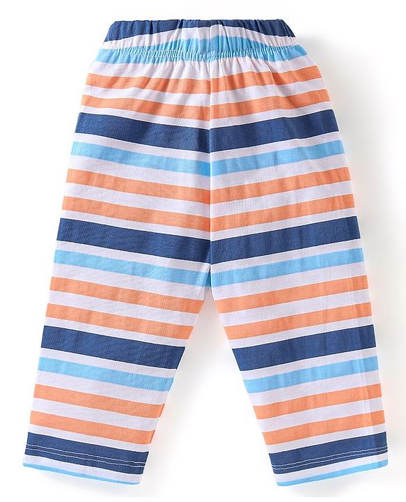 Babyhug Cotton Knit Full Sleeves Striped & Bear Printed Night Suit - Orange