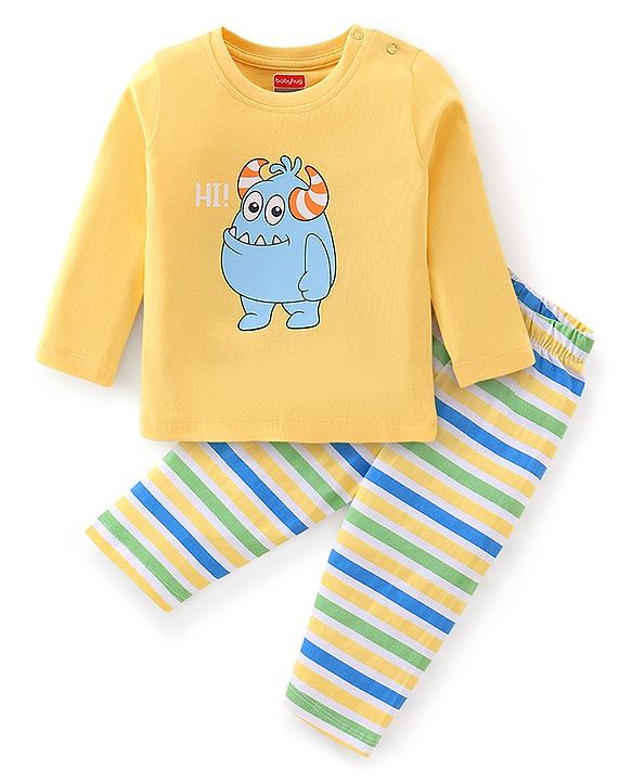 Babyhug Cotton Knit Full Sleeves Cartoon Printed Night Suit - Yellow