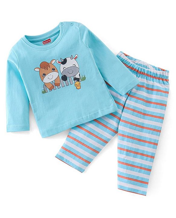 Babyhug Cotton Knit Full Sleeves Cow Printed Night Suit - Blue