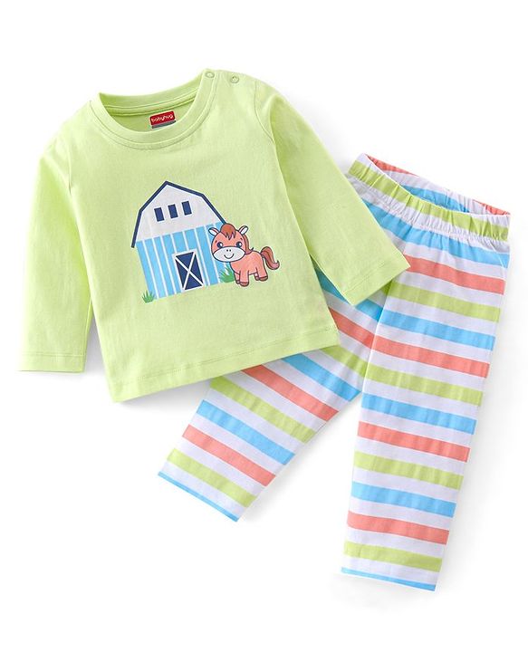 Babyhug Cotton Knit Full Sleeves Horse Printed Night Suit - Green