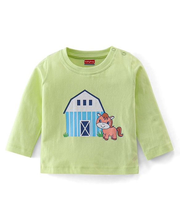 Babyhug Cotton Knit Full Sleeves Horse Printed Night Suit - Green