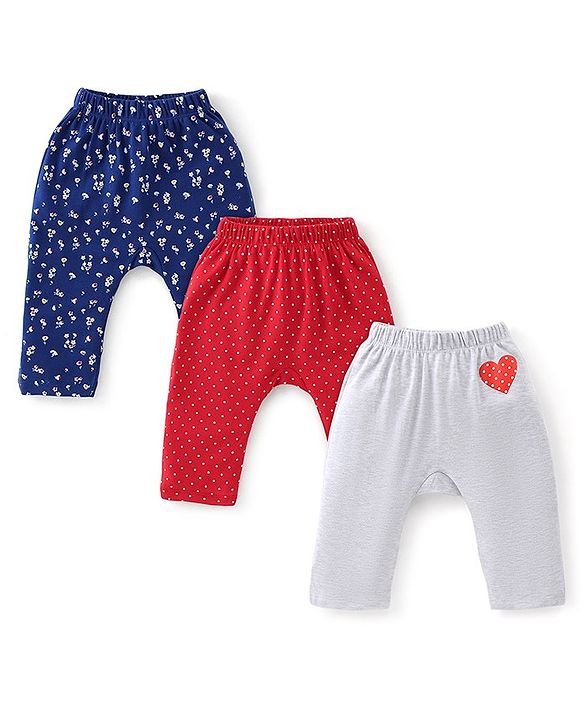 Babyhug Cotton Knit Full Length Diaper Pants Floral Print Pack Of 3 - Multicolour