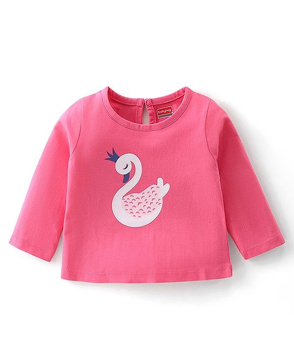Babyhug Cotton Knit Full Sleeves Night Suit With Swan Print - Pink & Red