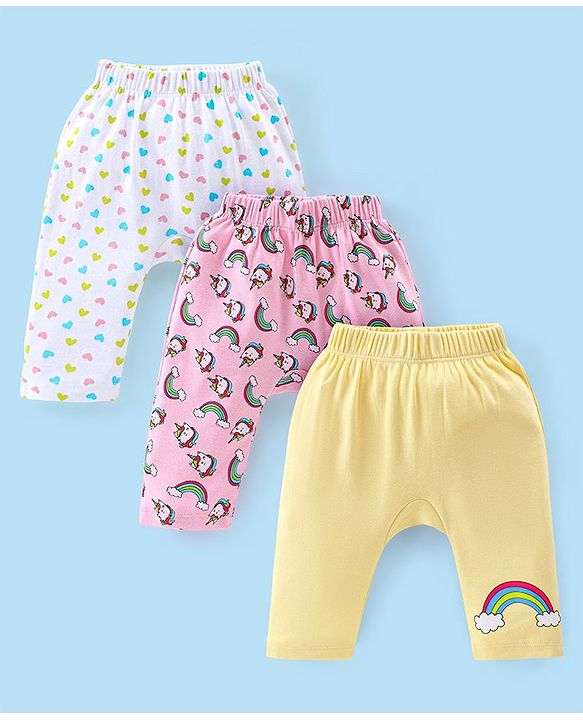 Babyhug Full Length Diaper Leggings Pack of 3 Unicorn Printed - Pink & Yellow