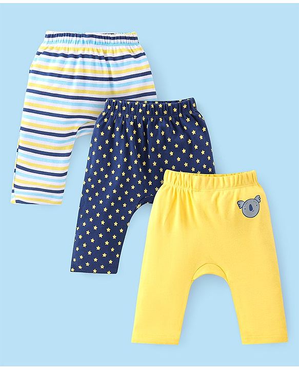 Babyhug Cotton Knit Full Length Diaper Pants Star Print Pack of 3 - Multicolour