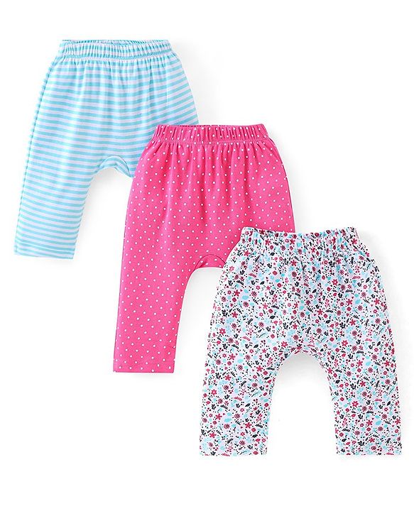 Babyhug Cotton Knit Full Length Diaper Pants Striped & Floral Print Pack Of 3 - Multicolour