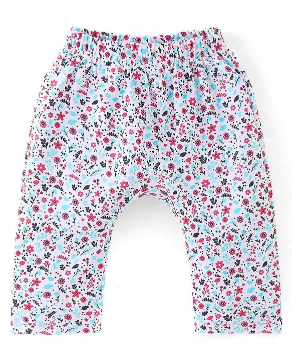 Babyhug Cotton Knit Full Length Diaper Pants Striped & Floral Print Pack Of 3 - Multicolour