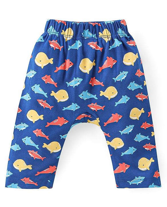 Babyhug Cotton Knit Full Length Diaper Pants Fish Print - Multicolour