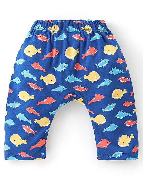 Babyhug Cotton Knit Full Length Diaper Pants Fish Print - Multicolour