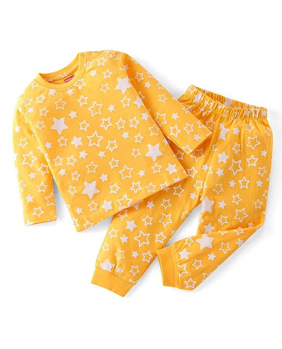 Babyhug Cotton Knit Full Sleeves Stars Printed Night Suit - Yellow