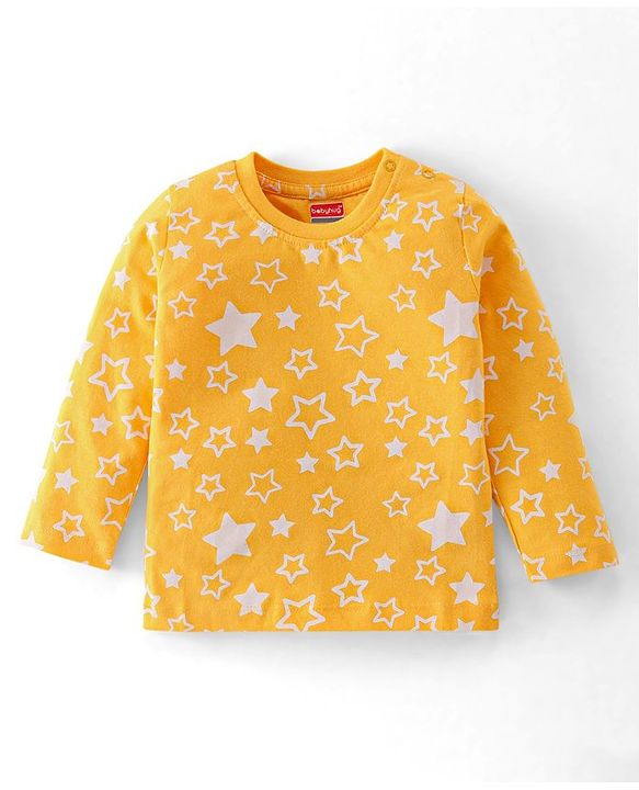 Babyhug Cotton Knit Full Sleeves Stars Printed Night Suit - Yellow