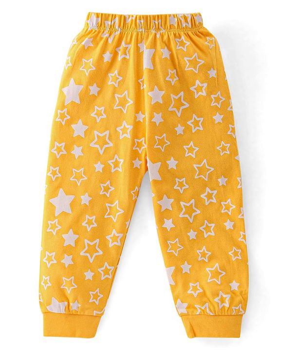 Babyhug Cotton Knit Full Sleeves Stars Printed Night Suit - Yellow