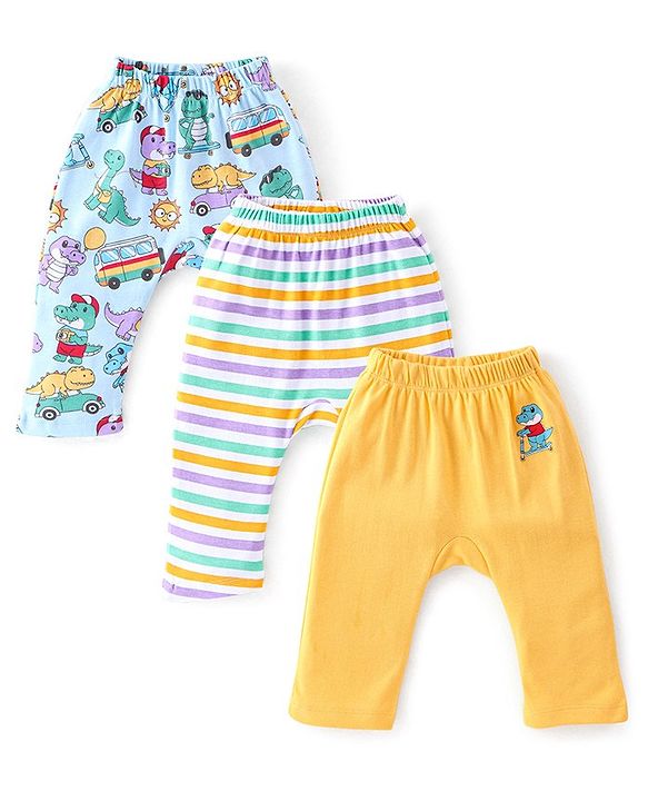 Babyhug Cotton Knit Full Length Diaper Pants Stripes & Dino Print Pack of 3 - Multicolour