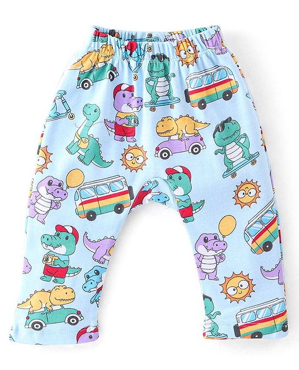 Babyhug Cotton Knit Full Length Diaper Pants Stripes & Dino Print Pack of 3 - Multicolour