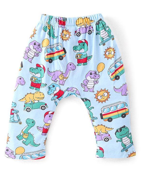 Babyhug Cotton Knit Full Length Diaper Pants Stripes & Dino Print Pack of 3 - Multicolour