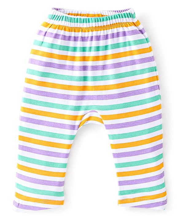 Babyhug Cotton Knit Full Length Diaper Pants Stripes & Dino Print Pack of 3 - Multicolour