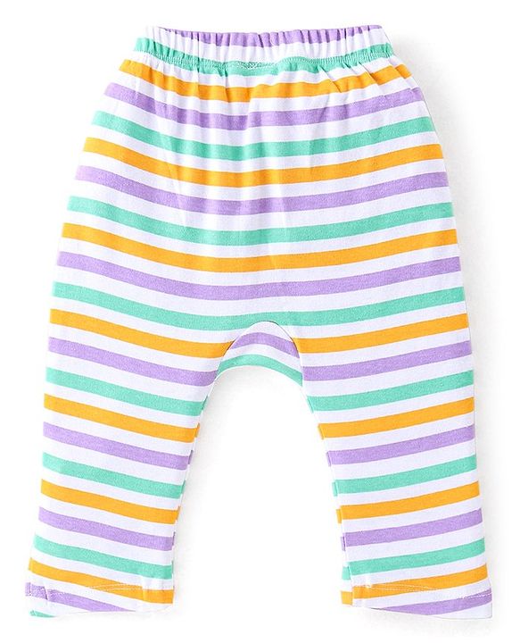 Babyhug Cotton Knit Full Length Diaper Pants Stripes & Dino Print Pack of 3 - Multicolour