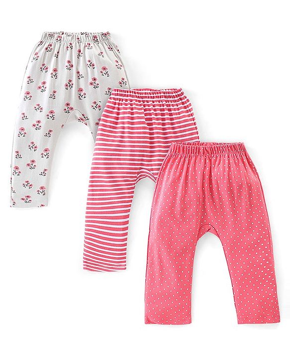 Babyhug Cotton Interlock Knit Full Length Diaper Pants Stripes & Floral Print Pack of 3 - Pink & Grey