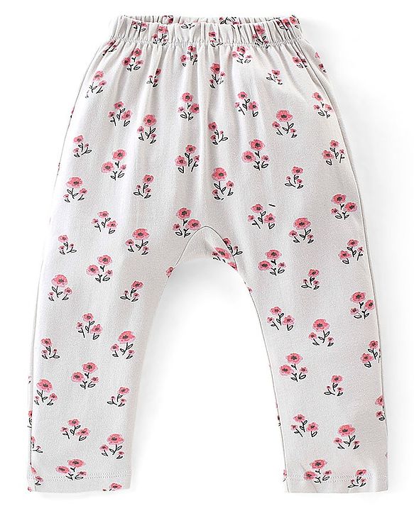 Babyhug Cotton Interlock Knit Full Length Diaper Pants Stripes & Floral Print Pack of 3 - Pink & Grey