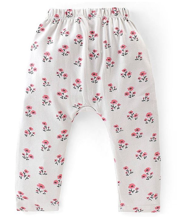 Babyhug Cotton Interlock Knit Full Length Diaper Pants Stripes & Floral Print Pack of 3 - Pink & Grey