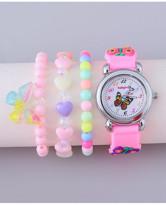 Babyhug Analog Watch with Bracelets & Butterfly Print- Multicolor