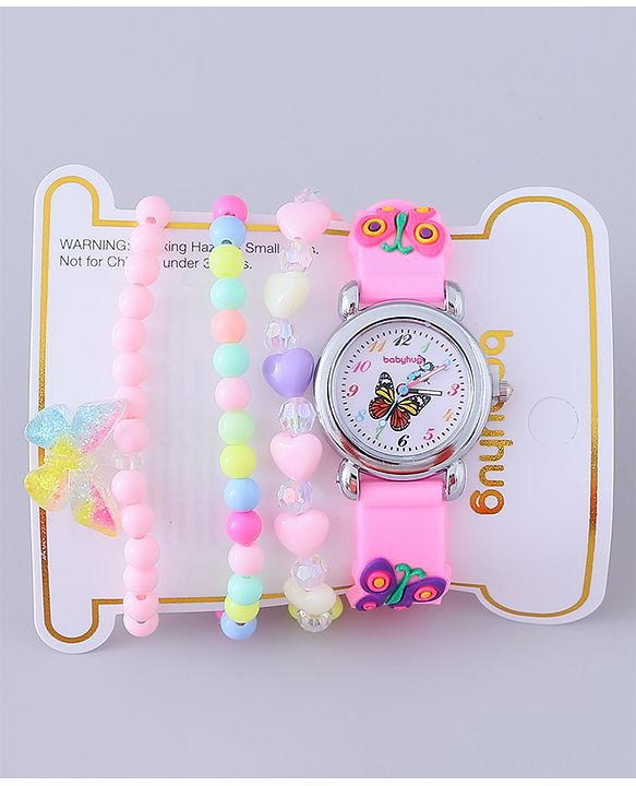 Babyhug Analog Watch with Bracelets & Butterfly Print- Multicolor