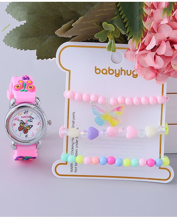 Babyhug Analog Watch with Bracelets & Butterfly Print- Multicolor